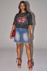 BLINGED OUT CARGO SHORTS IN MEDIUM BLUE DENIM