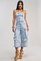 ALICIA CROPPED CARGO JUMPSUIT IN LIGHT BLUE DENIM