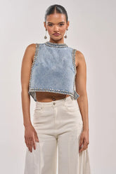 POPPING OUT RHINESTONE DENIM BLOUSE