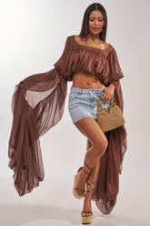 SLOUCHY SQUARE NECK LONG SLEEVE BLOUSE TOP IN BROWN