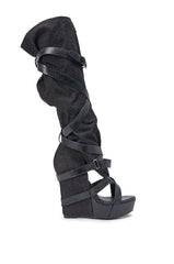 AZALEA WANG ROTHKID BLACK DENIM KNEE HIGH OPEN TOE BOOT