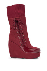 AKIRA GOLD WHATEVER BURGUNDY CANVAS WEDGE BOOTIE