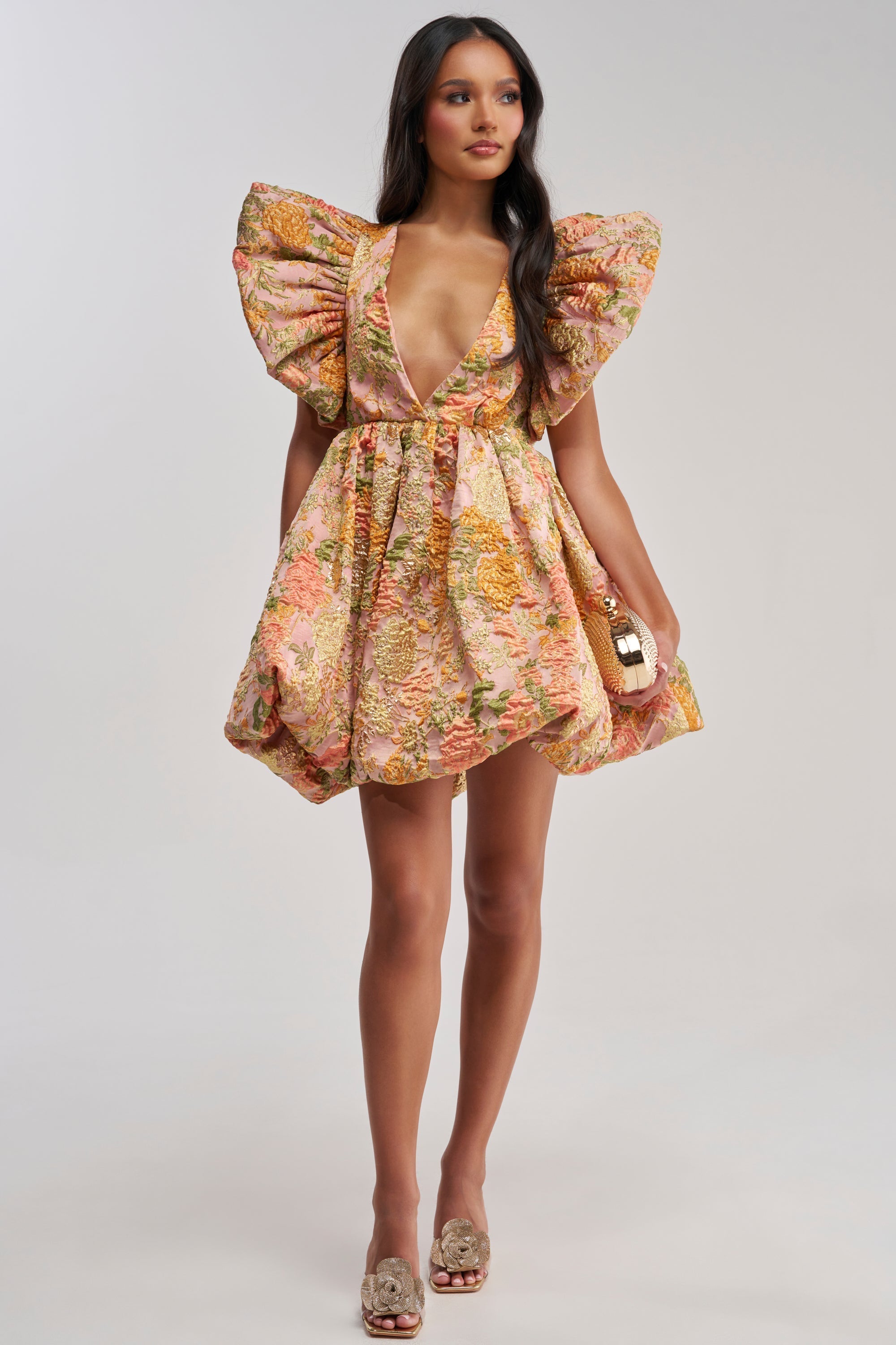 MAIN CHARACTER ENERGY BROCADE MINI DRESS IN PEACH
