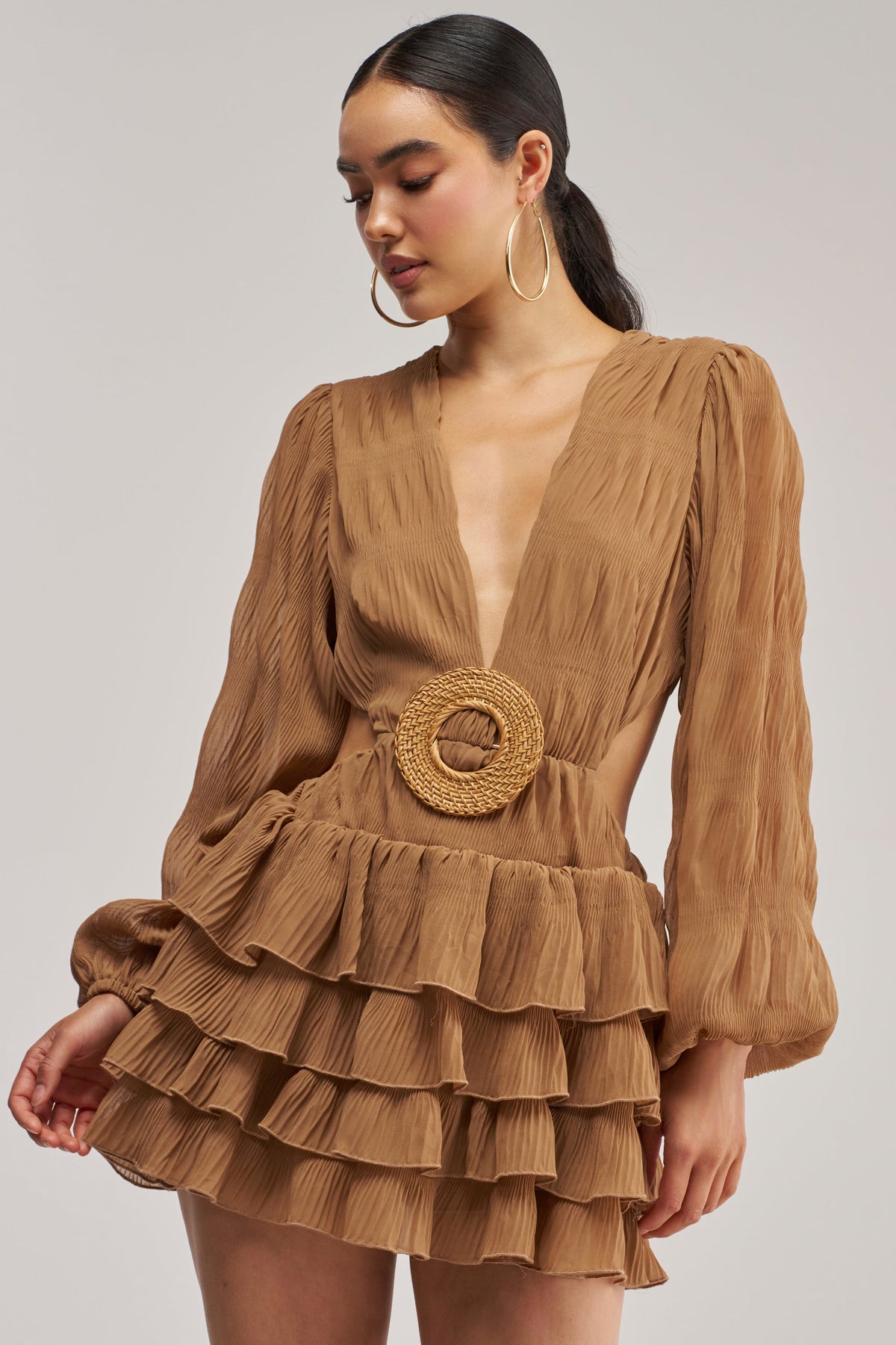 ON ISLAND TIME RUFFLED MINI DRESS IN TAUPE
