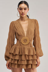 ON ISLAND TIME RUFFLED MINI DRESS IN TAUPE
