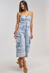 ALICIA CROPPED CARGO JUMPSUIT IN LIGHT BLUE DENIM